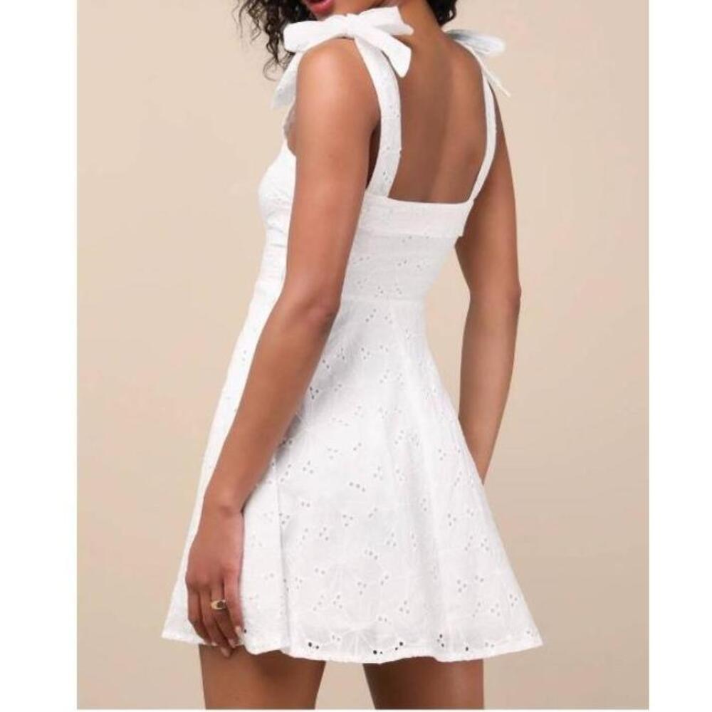 3 X 25 Lulus Dress Womens S White Aline Mini Eyelet Bow Embroidered Sleeveless - Picture 2 of 12